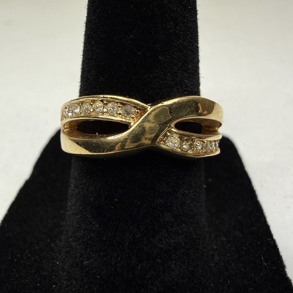 Elegant Gold Tone Pave Rhinestone Ring Crossover Design Clear Stones Size 6